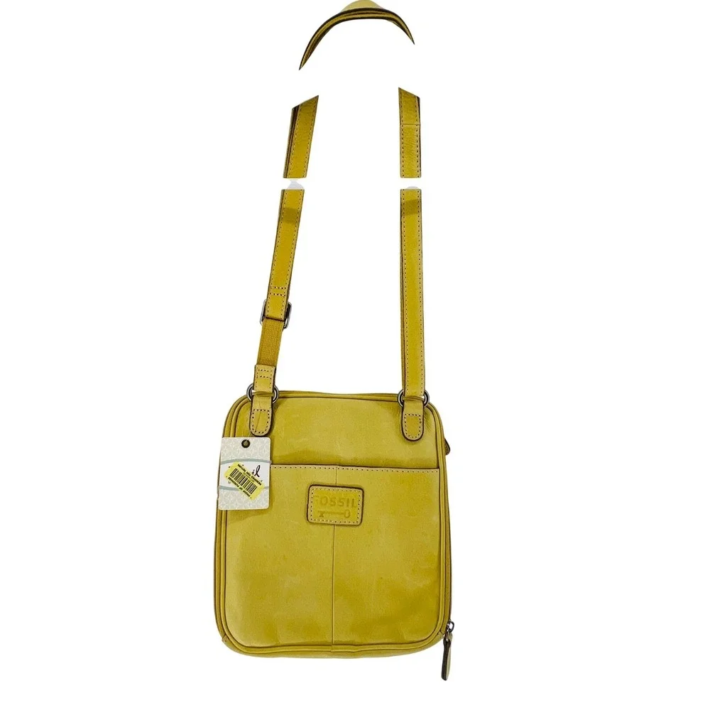 Fossil Leather Crossbody Bag Womens Yellow Adjustable Strap Travel Purse Y2K